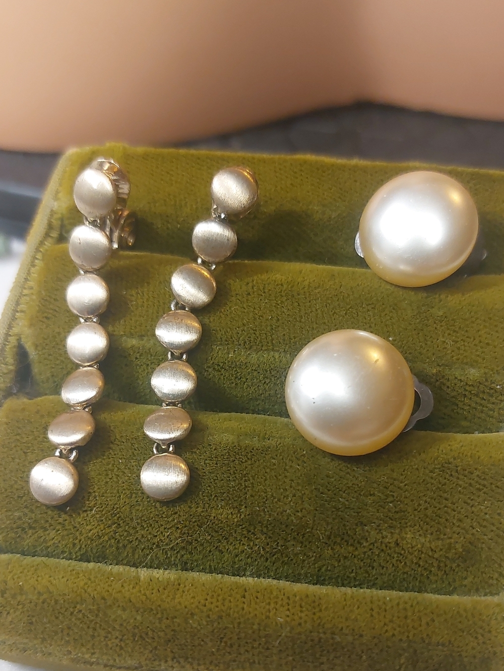 Clip On Vintage Earrings Faux Button Pearl And Brushed Gold Dangle